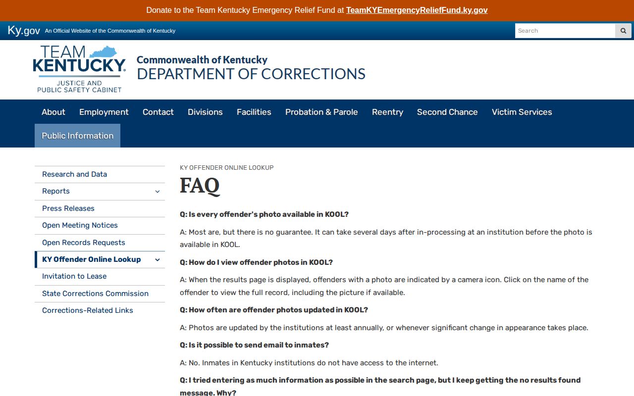 Kentucky DOC offender photo guidance